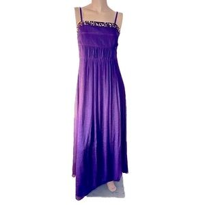 Vintage Elegant 90s Gem Shirred Metallic Empire Waist Maxi Gown Slip Dress EU 38